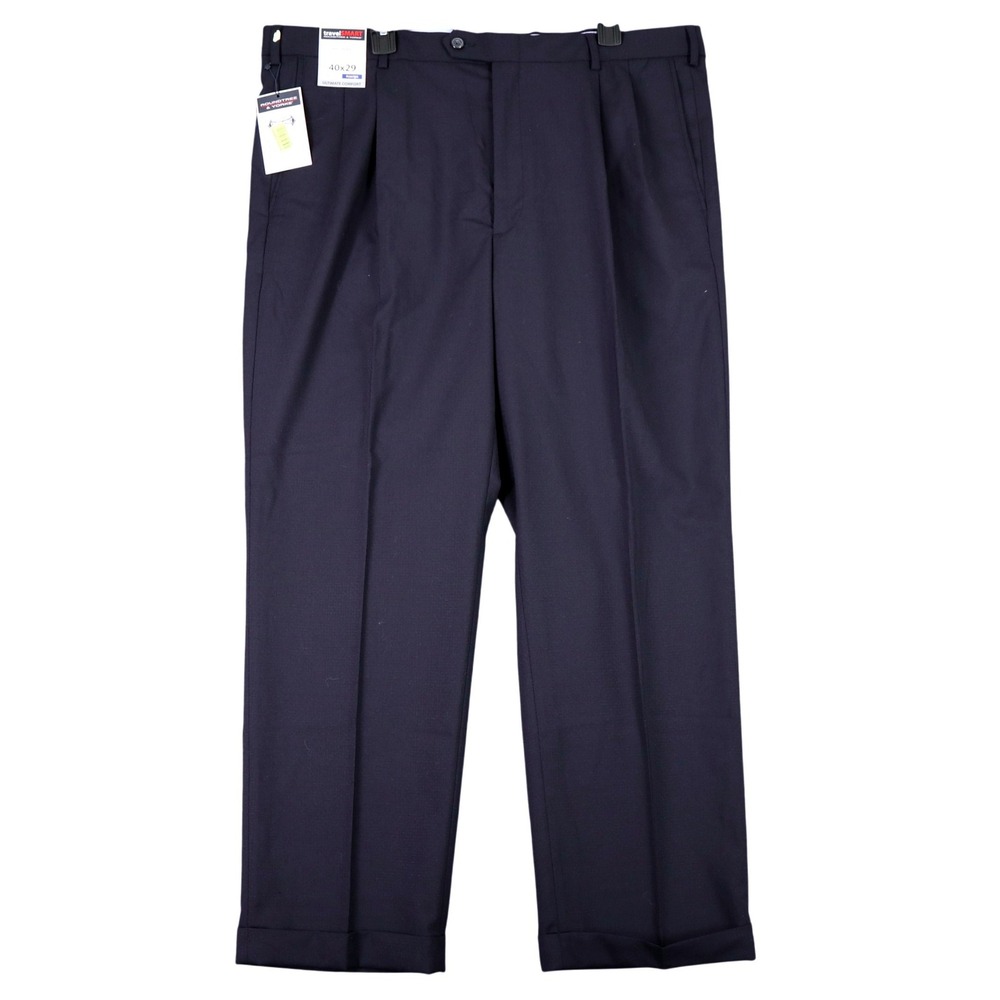 Roundtree & Yorke Dress Pants Mens 40x29 Pleated Wool Blend Navy TravelSmart